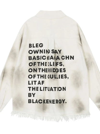 Men's Letter Back Raw Hem Button Up Shirt