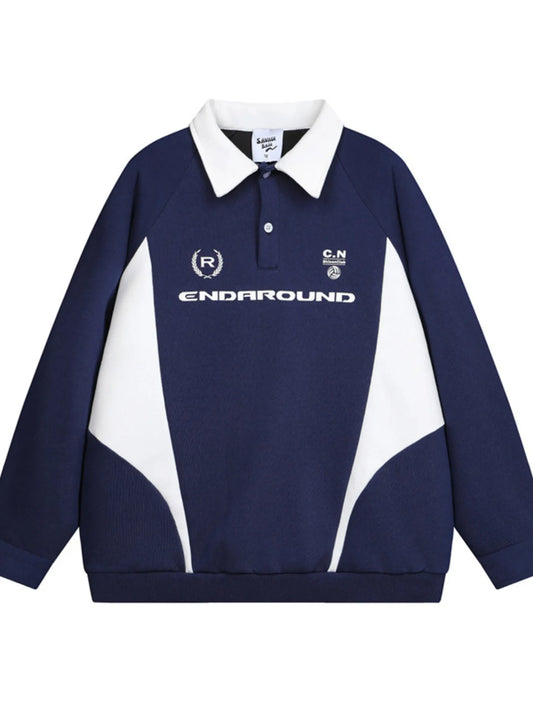 This men’s long-sleeve polo sweatshirt combines a contrasting-letter design with comfortable, versatile styling for casual or sporty looks.