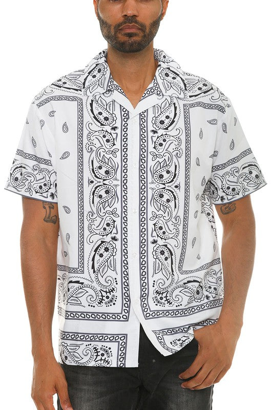This men's collared print button-down shirt features a crisp collar, a front button placket, and a stylish all-over print for a polished yet casual look.