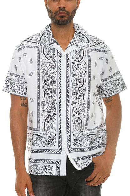 This men's collared print button-down shirt features a crisp collar, a front button placket, and a stylish all-over print for a polished yet casual look.