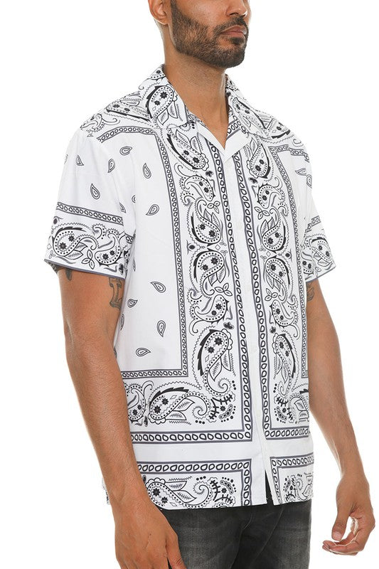 This men's collared print button-down shirt features a crisp collar, a front button placket, and a stylish all-over print for a polished yet casual look.