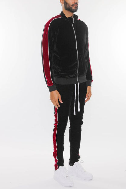 This men's velour track jacket and pant set offers plush, luxurious comfort with a relaxed fit and coordinated styling for versatile, sporty-casual wear.