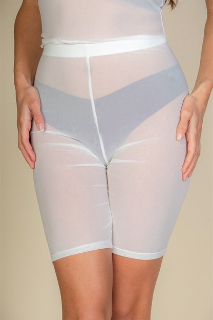 High-waisted sheer mesh biker shorts for women in white, lightweight and breathable with elastic waistband