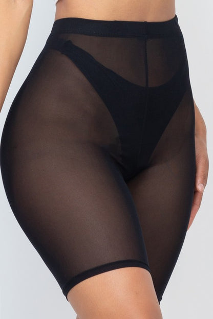 High-waisted sheer mesh biker shorts for women in black, lightweight and breathable with elastic waistband.