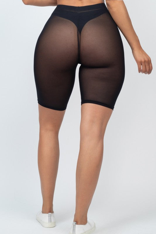 High-waisted sheer mesh biker shorts for women in black, lightweight and breathable with elastic waistband.
