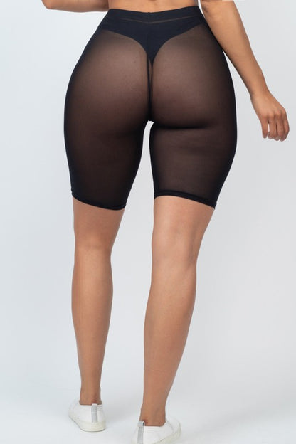 High-waisted sheer mesh biker shorts for women in black, lightweight and breathable with elastic waistband.