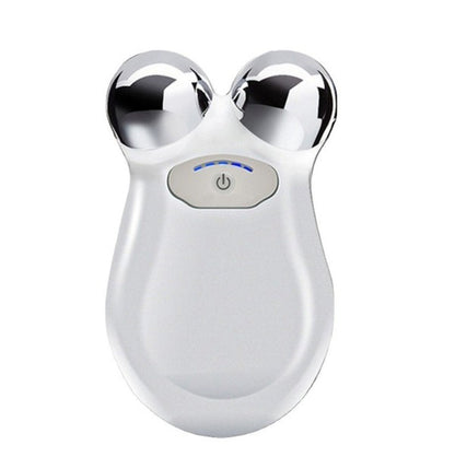 Ergonomic, handheld microcurrent facial toning device with two metallic sphere applicators, used for non-invasive anti-aging and skin firming.

