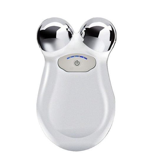 Ergonomic, handheld microcurrent facial toning device with two metallic sphere applicators, used for non-invasive anti-aging and skin firming.

