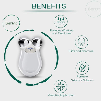 Ergonomic, handheld microcurrent facial toning device with two metallic sphere applicators, used for non-invasive anti-aging and skin firming.

