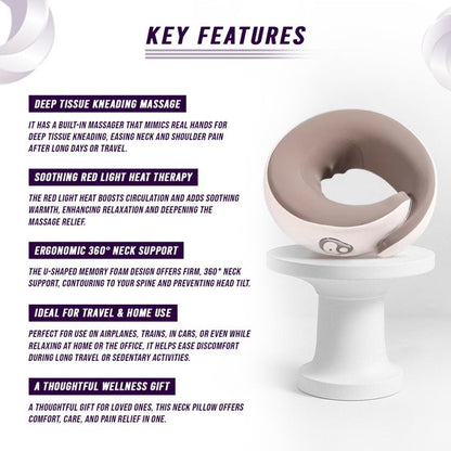 Multi-purpose neck massage pillow with heat therapy, ergonomic design, and versatile use for neck, shoulders, and back.

