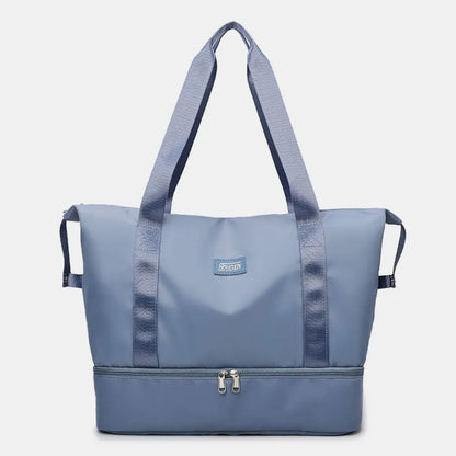 Lavender tote bag with pink straps and a zippered bottom compartment. Sleek and functional—great for gym, travel, or daily use.