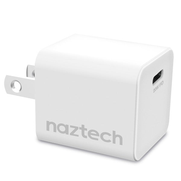 A sleek Naztech 20W USB-C wall charger with fast-charging Power Delivery and foldable prongs for portability.