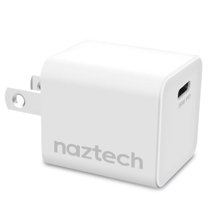 A sleek Naztech 20W USB-C wall charger with fast-charging Power Delivery and foldable prongs for portability.