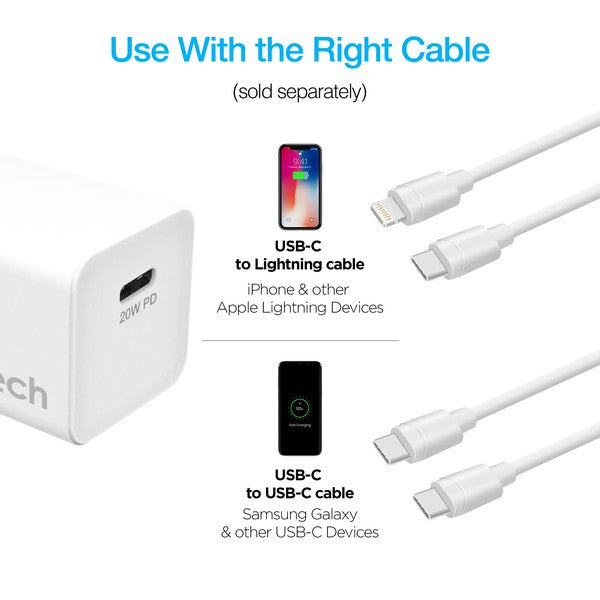 A sleek Naztech 20W USB-C wall charger with fast-charging Power Delivery and foldable prongs for portability.