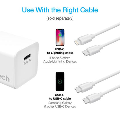 A sleek Naztech 20W USB-C wall charger with fast-charging Power Delivery and foldable prongs for portability.