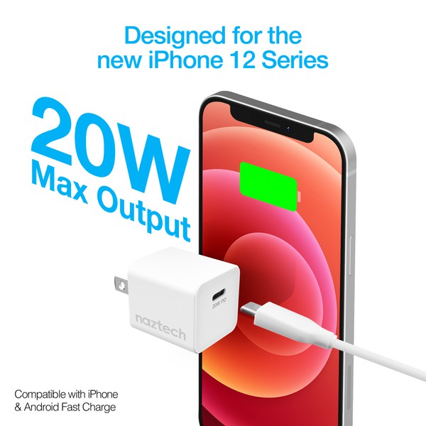 A sleek Naztech 20W USB-C wall charger with fast-charging Power Delivery and foldable prongs for portability.