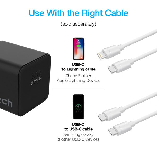 A sleek Naztech 20W USB-C wall charger with fast-charging Power Delivery and foldable prongs for portability.
