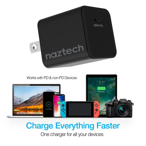 A sleek Naztech 20W USB-C wall charger with fast-charging Power Delivery and foldable prongs for portability.