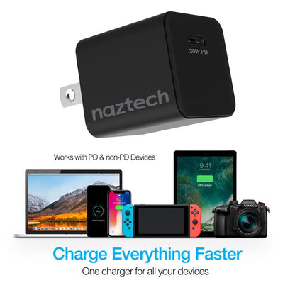 A sleek Naztech 20W USB-C wall charger with fast-charging Power Delivery and foldable prongs for portability.