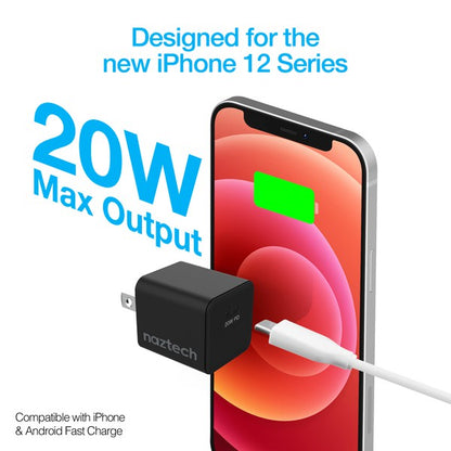A sleek Naztech 20W USB-C wall charger with fast-charging Power Delivery and foldable prongs for portability.