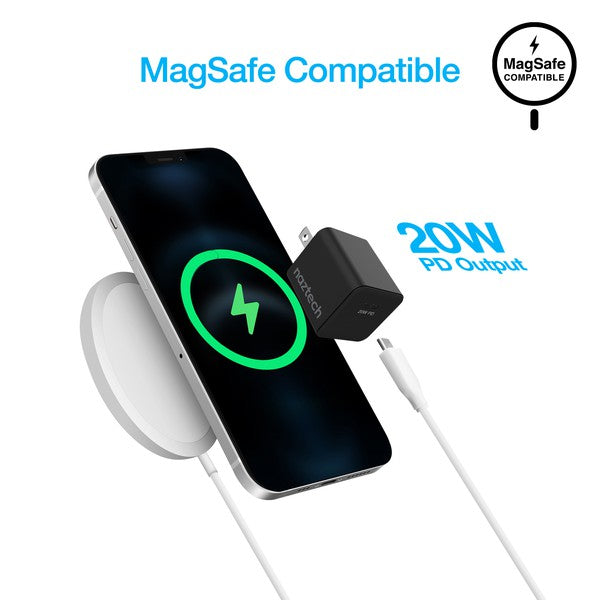 A sleek Naztech 20W USB-C wall charger with fast-charging Power Delivery and foldable prongs for portability.