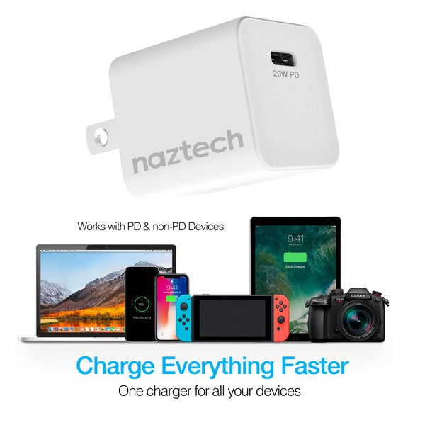 A sleek Naztech 20W USB-C wall charger with fast-charging Power Delivery and foldable prongs for portability.