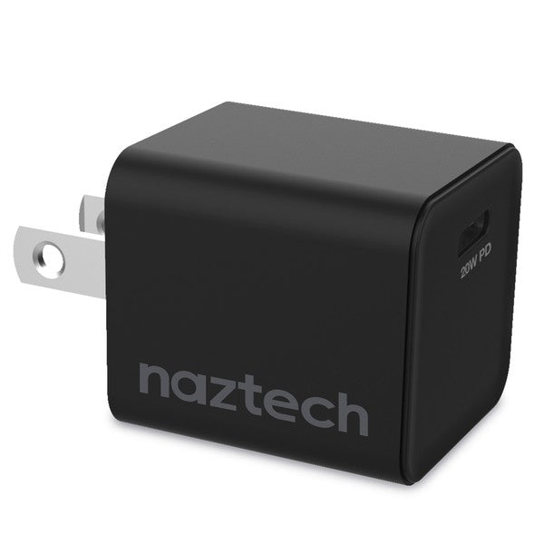 A sleek Naztech 20W USB-C wall charger with fast-charging Power Delivery and foldable prongs for portability.