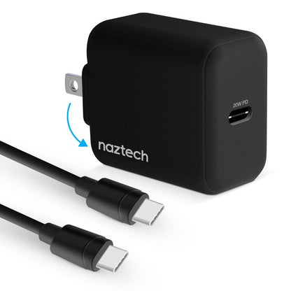 A compact Naztech wall charger with a 20W USB-C Power Delivery port, foldable prongs, and two USB-C cables—ideal for fast, portable charging of compatible devices.