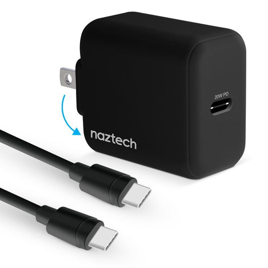 A compact Naztech wall charger with a 20W USB-C Power Delivery port, foldable prongs, and two USB-C cables—ideal for fast, portable charging of compatible devices.