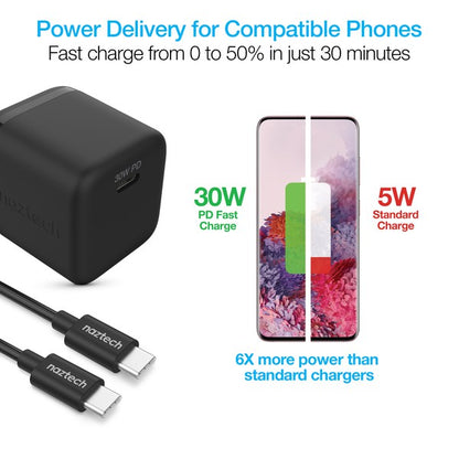 A compact Naztech wall charger with a 30W USB-C Power Delivery port and two matching USB-C to USB-C cables—designed for fast, portable charging.