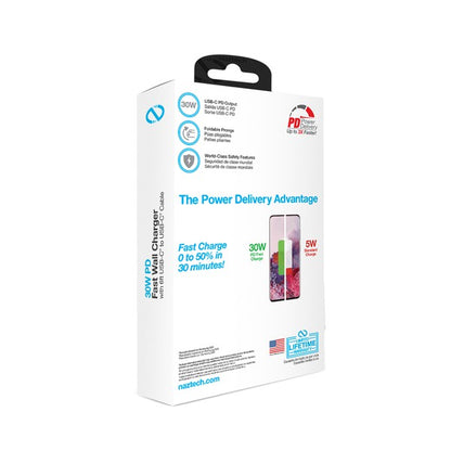 A compact Naztech wall charger with a 30W USB-C Power Delivery port and two matching USB-C to USB-C cables—designed for fast, portable charging.