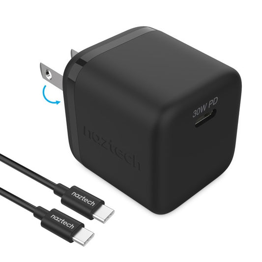 A compact Naztech wall charger with a 30W USB-C Power Delivery port and two matching USB-C to USB-C cables—designed for fast, portable charging.