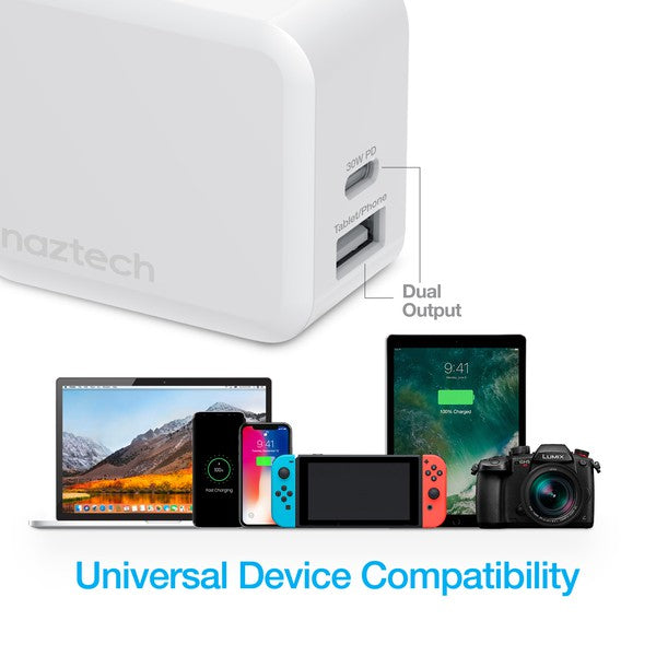 A white Naztech wall charger with dual USB ports—one 30W PD for fast charging and one for iPhone/Tablet—featuring a foldable plug and compact design.