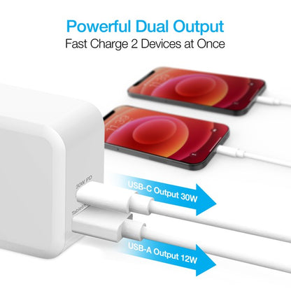 A white Naztech wall charger with dual USB ports—one 30W PD for fast charging and one for iPhone/Tablet—featuring a foldable plug and compact design.