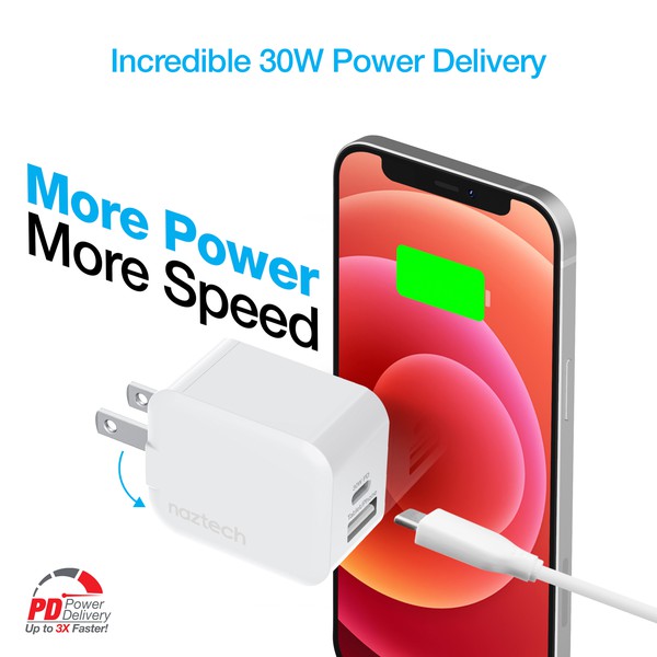 A white Naztech wall charger with dual USB ports—one 30W PD for fast charging and one for iPhone/Tablet—featuring a foldable plug and compact design.