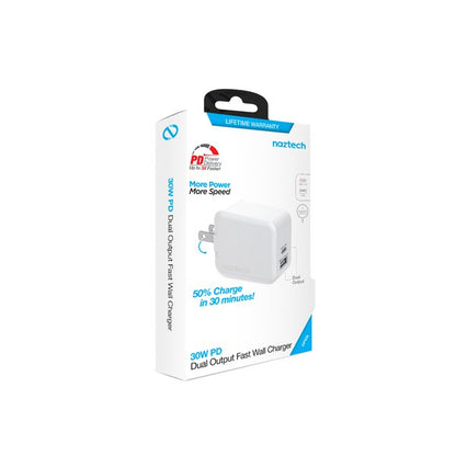 A white Naztech wall charger with dual USB ports—one 30W PD for fast charging and one for iPhone/Tablet—featuring a foldable plug and compact design.