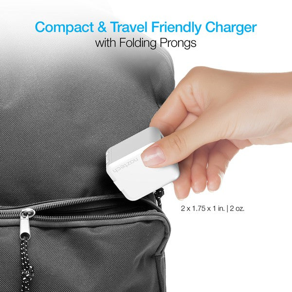 A white Naztech wall charger with dual USB ports—one 30W PD for fast charging and one for iPhone/Tablet—featuring a foldable plug and compact design.