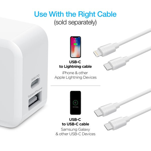 A white Naztech wall charger with dual USB ports—one 30W PD for fast charging and one for iPhone/Tablet—featuring a foldable plug and compact design.