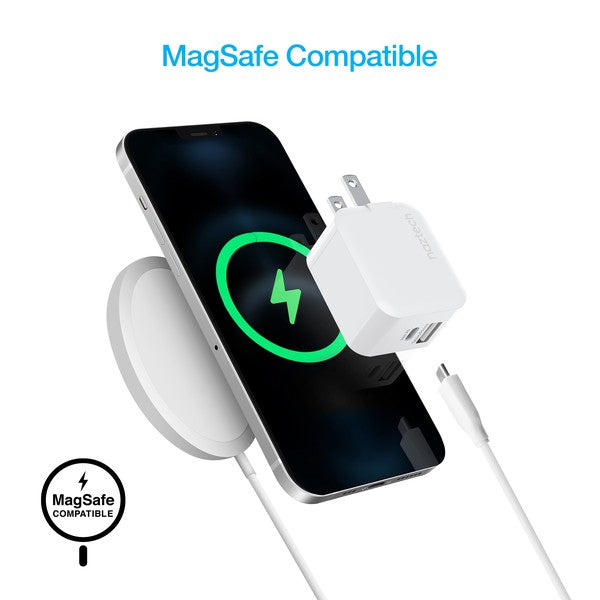 A white Naztech wall charger with dual USB ports—one 30W PD for fast charging and one for iPhone/Tablet—featuring a foldable plug and compact design.