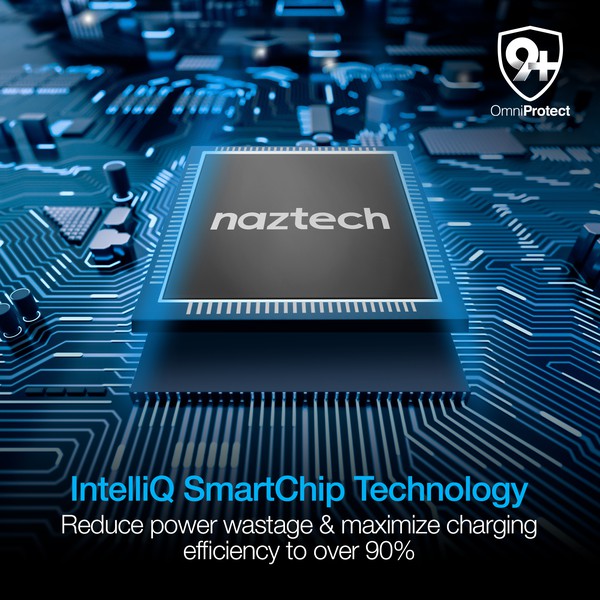 A white Naztech wall charger with dual USB ports—one 30W PD for fast charging and one for iPhone/Tablet—featuring a foldable plug and compact design.