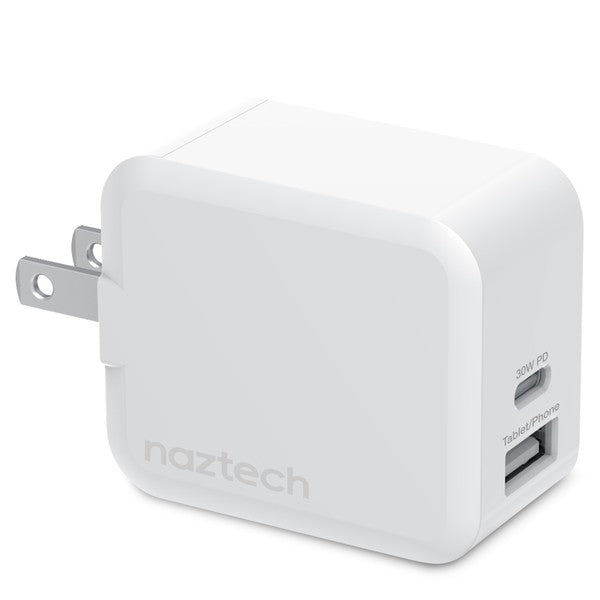 A white Naztech wall charger with dual USB ports—one 30W PD for fast charging and one for iPhone/Tablet—featuring a foldable plug and compact design.