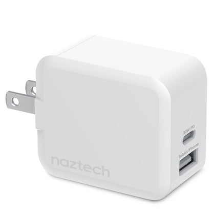 A white Naztech wall charger with dual USB ports—one 30W PD for fast charging and one for iPhone/Tablet—featuring a foldable plug and compact design.