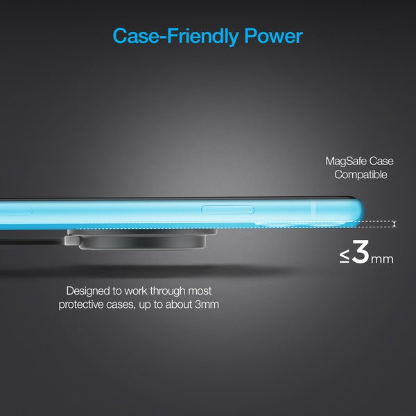A MagSafe-compatible Naztech wireless charger magnetically attached to an iPhone, connected via USB-C for fast charging.