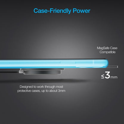 A MagSafe-compatible Naztech wireless charger magnetically attached to an iPhone, connected via USB-C for fast charging.