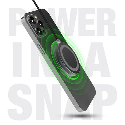 A MagSafe-compatible Naztech wireless charger magnetically attached to an iPhone, connected via USB-C for fast charging.