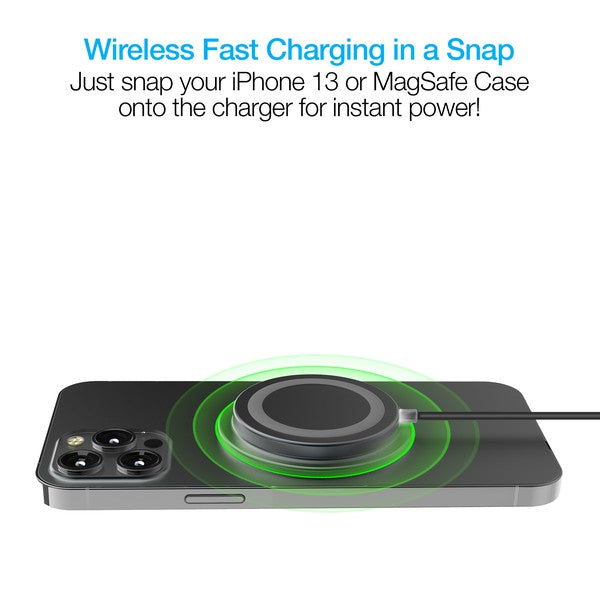 A MagSafe-compatible Naztech wireless charger magnetically attached to an iPhone, connected via USB-C for fast charging.
