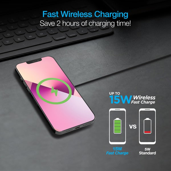 A MagSafe-compatible Naztech wireless charger magnetically attached to an iPhone, connected via USB-C for fast charging.