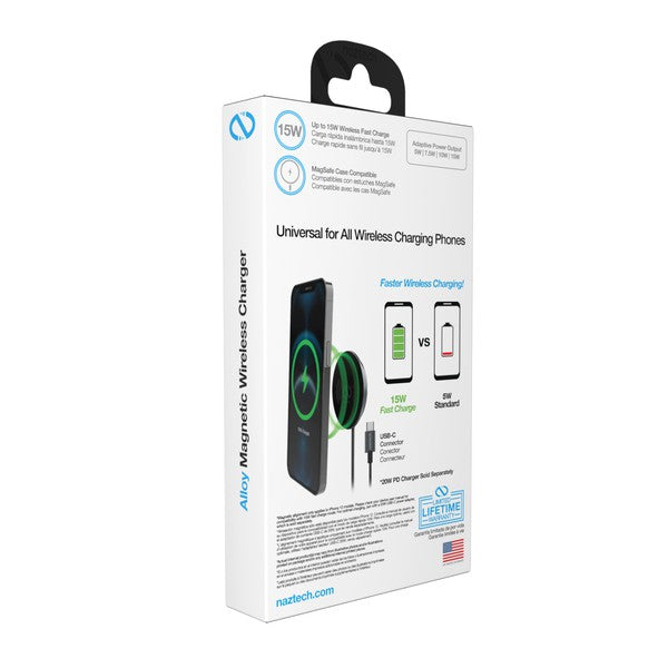 A MagSafe-compatible Naztech wireless charger magnetically attached to an iPhone, connected via USB-C for fast charging.