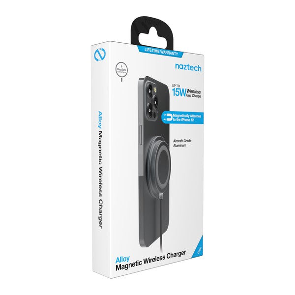 A MagSafe-compatible Naztech wireless charger magnetically attached to an iPhone, connected via USB-C for fast charging.