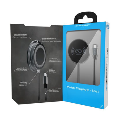 A MagSafe-compatible Naztech wireless charger magnetically attached to an iPhone, connected via USB-C for fast charging.